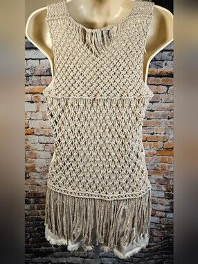 Addie Boho Crochet Back Tank Top Fringe Hem Oatmeal Size Small